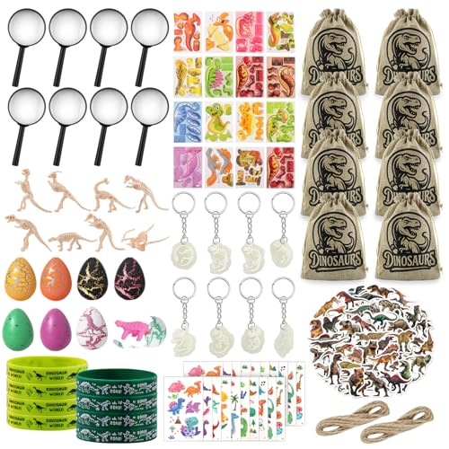 JTgugu Dino Mitgebsel Kindergeburtstag Set Dinosaurier Party Spielzeug Geburtstag Gastgeschenke mit Lupe Kordelzugbeutel Leuchtende Schlüsselanhänger Eier Skeleton für Kinder Junge Mädchen von JTgugu