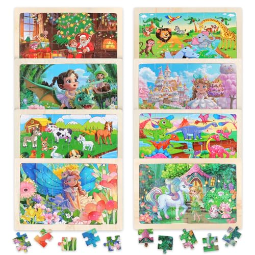 JTgugu Holz Puzzle für Kinder ab 3 4 5 6 Jahren 8x24 Teilen Holzpuzzle Dino Prinzessin Tiere Puzzles Kinderpuzzle Montessori Kinderspielzeug Geschenke für Jungen und Mädchen von JTgugu