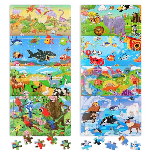 JTgugu Holz Puzzle für Kinder ab 3 4 5 6 Jahren 8x30 Teilen Holzpuzzle Dino Bauernhof Meeresboden Tiere Puzzles Kinderpuzzle Montessori Kinderspielzeug Geschenke für Jungen und Mädchen von JTgugu