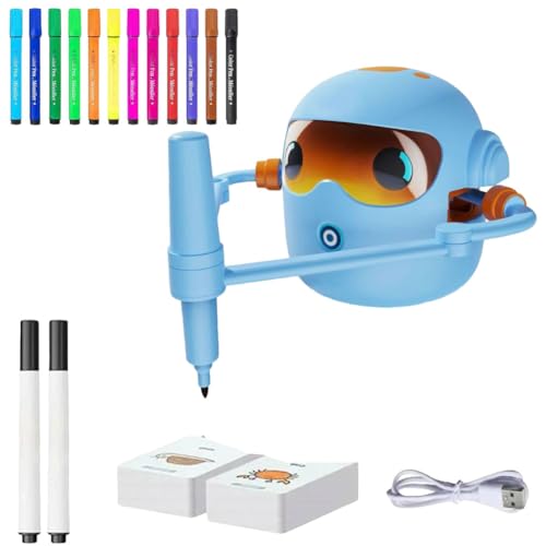 Zeichenroboter Spielzeug for Kinder, interaktiver pädagogischer Zeichenroboter, Montessori Zeichenlernspielzeug mit 100 Karten und 12-Farbstiften, for 3+ (Blaues Set) von JUCHRZEY