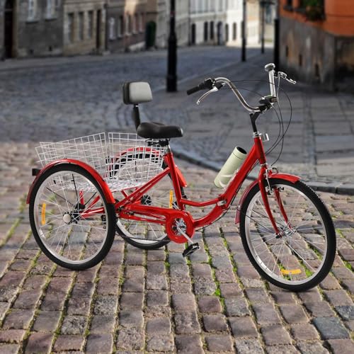 24 Zoll Dreirad Erwachsene, Faltbar 3 Rad Fahrrad, 7 Speed 3 Räder Cruise Bike mit Korb Rückenlehne, Trike Tricycle Scheibenbremse Belastung 120kg für Senioren (Rot) von JUDEMII