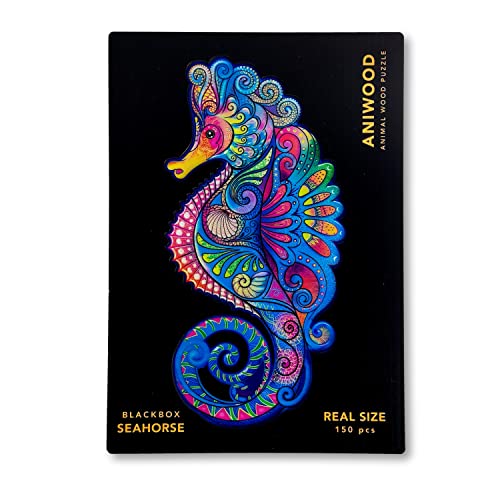 ANIWOOD Holzpuzzle Erwachsene Tieren. Gestanzter Deckel, Lebensgroße Puzzle-Box. 3 Schwierigkeitsmodi, dekoratives Element. Einzigartige Puzzleteile (Seepferdchen, M) von JUEGACONMIGO