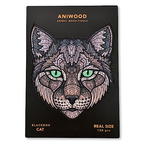 ANIWOOD Holzpuzzle Erwachsene Tieren. Gestanzter Deckel, Lebensgroße Puzzle-Box. 3 Schwierigkeitsmodi, dekoratives Element. Einzigartige Puzzleteile (Katze, M) von JUEGACONMIGO