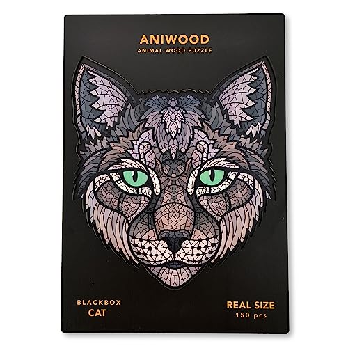 ANIWOOD Holzpuzzle Erwachsene Tieren. Gestanzter Deckel, Lebensgroße Puzzle-Box. 3 Schwierigkeitsmodi, dekoratives Element. Einzigartige Puzzleteile (Katze, M) von JUEGACONMIGO