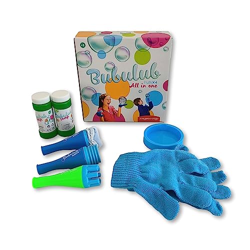 BUBULUB Seifenblasen-Set, robust, lustiges Spielzeug für Kinder, inklusive Handschuhe zum Spielen, 2 Flaschen Lösung und Zubehör (All in One) von JUEGACONMIGO