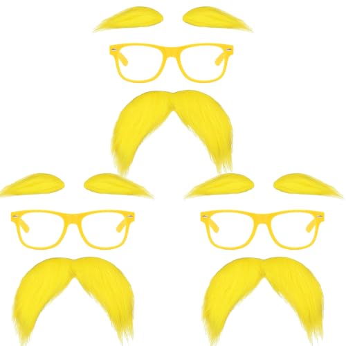 JUFYVO 3 Set gelbe Schnurrbart und Augenbrauen mit Brille Halloween Lustige Verkleidung Brille Cosplay Dress Up Zubehör für Halloween Festival Party von JUFYVO