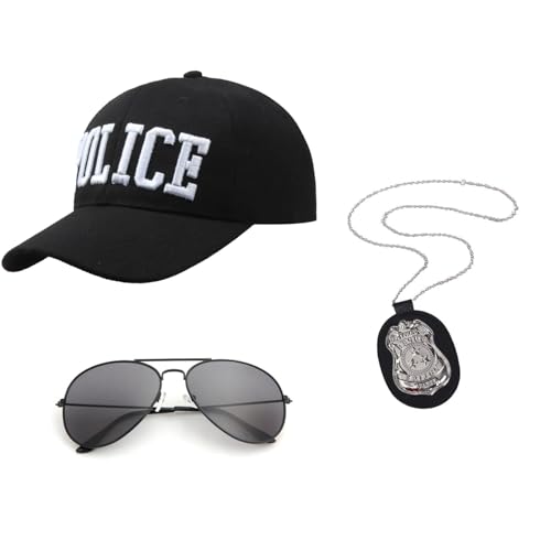 JUFYVO 3-teiliges Polizeikostüm, Polizei-Baseballmütze, Abzeichen, Halskette, Sonnenbrille, Halloween, Polizei-Motto-Party-Zubehör, Erwachsenenkostüm für Männer JUFYVO 3-teiliges Polizeikostüm, Polizei-Baseballmütze, Abzeichen, Halskette, Sonnenbrille, Halloween, Polizei-Motto-Party-Zubehör, Erwachsenenkostüm für Männer von JUFYVO