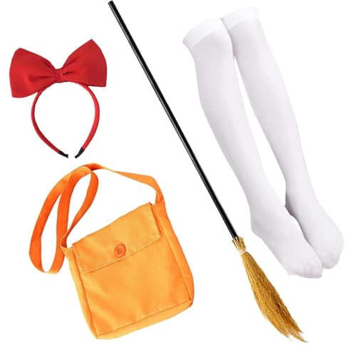 JUFYVO 4 Stück Mädchen Hexe Halloween Kostüm Anime Orange Tasche Rote Schleife Stirnbänder Besen Weiße Socken Halloween Hexe Cosplay für Frauen JUFYVO 4 Stück Mädchen Hexe Halloween Kostüm Anime Orange Tasche Rote Schleife Stirnbänder Besen Weiße Socken Halloween Hexe Cosplay für Frauen von JUFYVO