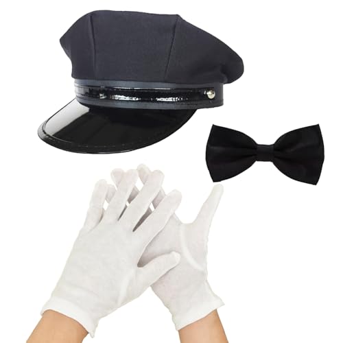 JUFYVO Chauffeur-Kostüm-Zubehör, Chauffeur-Hut, Handschuhe, Fliege, Neuheit, Limousinenfahrer, Kostüm-Set für Halloween, Cosplay, 3-teilig von JUFYVO