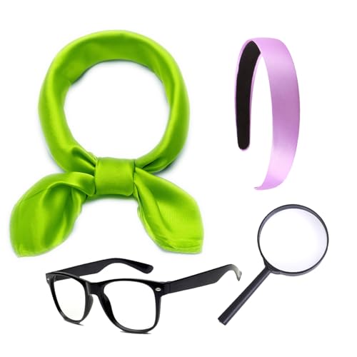 JUFYVO Damen-Kostüm-Zubehör, grünes Halstuch, violettes Stirnband, schwarze Brille, Lupe, Halloween, Gruppenkostüm für Damen, Cosplay, 4 Stück JUFYVO Damen-Kostüm-Zubehör, grünes Halstuch, violettes Stirnband, schwarze Brille, Lupe, Halloween, Gruppenkostüm für Damen, Cosplay, 4 Stück von JUFYVO