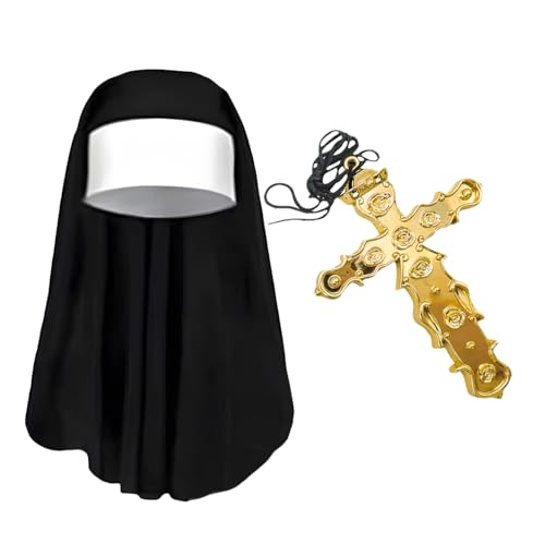 JUFYVO Nonnen-Kostüme, Nonnen-Kopfschmuck, Kreuz-Halskette, Nonnen-Outfit, Zubehör für Halloween, Party, Cosplay, Zubehör, 2 Stück JUFYVO Nonnen-Kostüme, Nonnen-Kopfschmuck, Kreuz-Halskette, Nonnen-Outfit, Zubehör für Halloween, Party, Cosplay, Zubehör, 2 Stück von JUFYVO