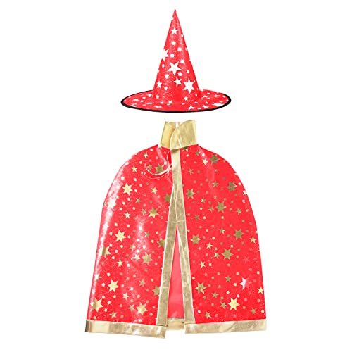 JUHONNZ Halloween Zauberer Kostüm, Zauberer Umhang mit Hut Magie Halloween Kostüme für Kinder Junge Mädchen Kostüm Cosplay Festivel Party Rot von JUHONNZ