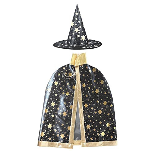 JUHONNZ Halloween Zauberer Kostüm, Zauberer Umhang mit Hut Magie Halloween Kostüme für Kinder Junge Mädchen Kostüm Cosplay Festivel Party Schwarz von JUHONNZ