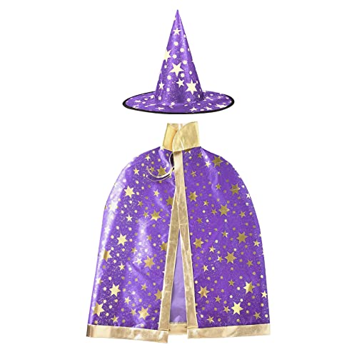 JUHONNZ Halloween Zauberer Kostüm, Zauberer Umhang mit Hut Magie Halloween Kostüme für Kinder Junge Mädchen Kostüm Cosplay Festivel Party Violett von JUHONNZ