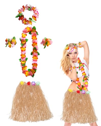 JUKOTA Hawaiian Hula Rock Kostüm Set,Girlanden Gras Rock für Erwachsene,Hawaii Blumenkette Haarband Armbänder,Strandparty Kostümzubehör,für Karneval,Beachparty,Hochzeit,Tropical Luau Party von JUKOTA