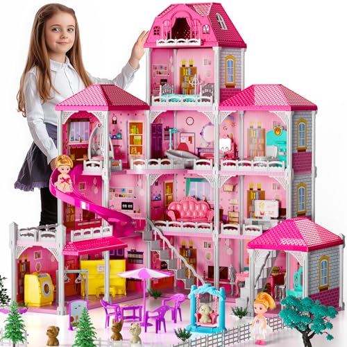 JUKUDAHU Villa Mädchen-Spielzeug für Kinder im Alter von 2 3 4 5 6 7 Jahren – Indoor- und Outdoor-Spielzeug für Kinder von 3–8 Jahren mit 2 Puppen, Spielset für Kleinkinder mit Zubehör und Möbeln, 4–8 von JUKUDAHU