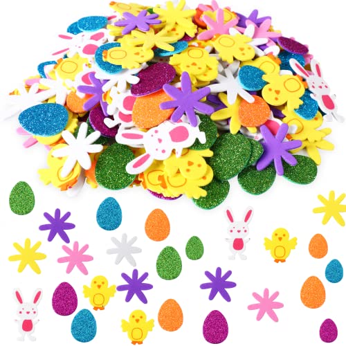 JULBEAR Aufkleber Ostern, 300 Stück Ostern Moosgummi Aufkleber Glitzer Sticker Selbstklebend Ostern Bunt Ostern Dekoration Ei Hasen Küken Blumen Aufkleber für Kinder Kunsthandwerk Heimdekoration von JULBEAR