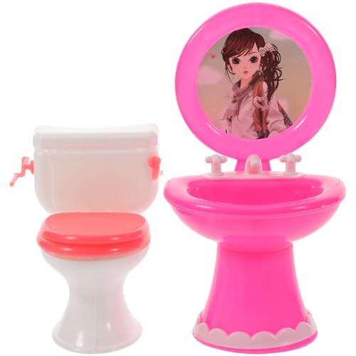 JUMPLAWN Miniatur-badmöbel-Set 2-teilig Puppenhaus-Toilette Waschbecken Leicht Tragbar Exquisites Dekoratives Mini- -zubehör Zufällige Farbe von JUMPLAWN