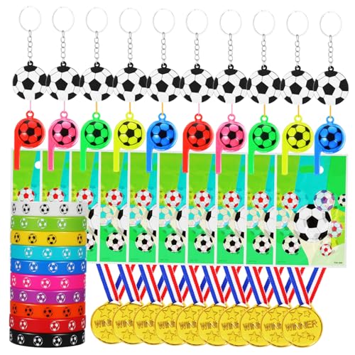 JUMPLAWN 1Satz Fußball Partyzubehör Fußball Schlüsselanhänger Armbänder Aufkleber Medaillen für Sportpartys Geschenkset für Fußballfans von JUMPLAWN