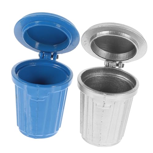 JUMPLAWN 2 Stück Maßstab Mini Haus Dekoration Miniatur Müll Eimer Blau Silber Puppenhaus Zubehör für Micro Landschaft Desktop Deko von JUMPLAWN