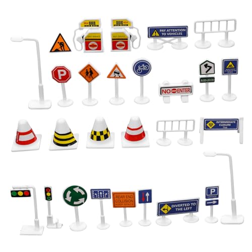 JUMPLAWN 28 Stück Teiliges Verkehrsschilder Spielset für Langlebige Verkehrszeichen Miniatur Straßen und Verkehrsschilder Pädagogisches DIY Modell für Kindergarten und von JUMPLAWN