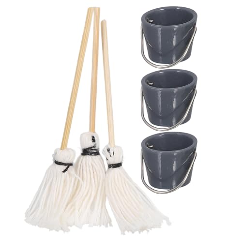 JUMPLAWN 3 Sätze Simulierter Eimer Mopp Kombination Zubehör Dekorationen Mini Simulation Zubehör Puppenhaus Kit Puppenhaus Reinigung Kleines Ornament Dekoration Für DIY Mopp Modell von JUMPLAWN