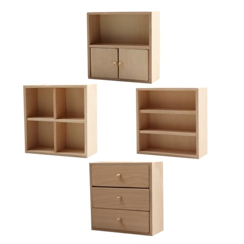 JUMPLAWN 4 Stück Miniaturmöbel aus Holz Puppenhaus Schrank für DIY Möbel Dekoration Realistische Bücherregal und Küchenschrank für Puppenhaus Schlafzimmer von JUMPLAWN