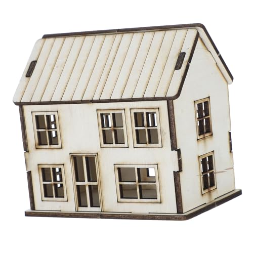 JUMPLAWN Beiges Holzpuzzle Miniaturhaus mit Detaillierter Handwerkskunst Fertiges Diorama Holzhaus Ornament für Sandtischmodell Mikrohaus Bastelset Dekoratives Bauernhaus für Innenräume von JUMPLAWN