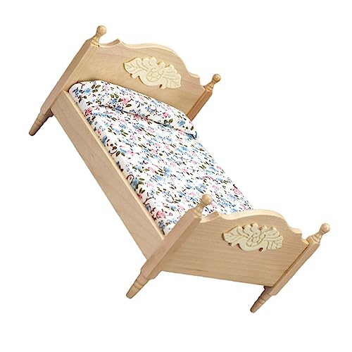 JUMPLAWN Miniatur Doppelbett Holz Modell Für Puppenhaus Simulationsbett Accessoire Für Miniatur Wohnräume Kinderspielzeug Puppenmöbel Holzfarbe von JUMPLAWN