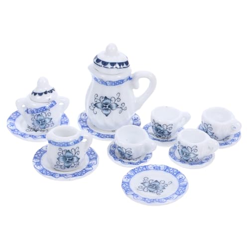 JUMPLAWN Miniatur Puppenhaus Teeservice Teilig Blau Geblümt Keramik Tee Modell Puppenhaus Zubehör für Küche und Wohnzimmer Dekoratives für Sammler von JUMPLAWN