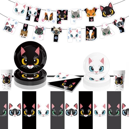 Katzen Party Geschirr,Kätzchen Partygeschirr,Geburtstag Deko, Cat Partyzubehör Dekoration Set, Partydekoration Geschirr Party Supplies Set (Schwarz weiß) von JUNBAOYYDS