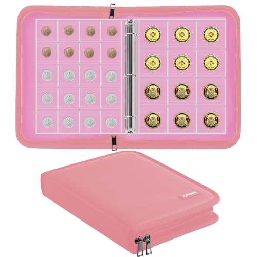 JUNDUN Feuerfestes Münzsammelalbum für Sammler, 260 Taschen Münzsammelbuch mit Reißverschlüsse, Münzsammelorganisator Aufbewahrungsbox Album für 20/25/27/30/38mm Münzen(Rosa) von JUNDUN