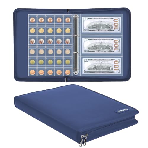 Münzsammelbuchhalter für Sammler, 300 Taschen feuerfestes Münzsammelalbum & 36 Hülsen Geldaufbewahrungsbehälter für Münz-Währungssammelzubehör, Geldscheine, Pennies, Briefmarken(Blau) von JUNDUN