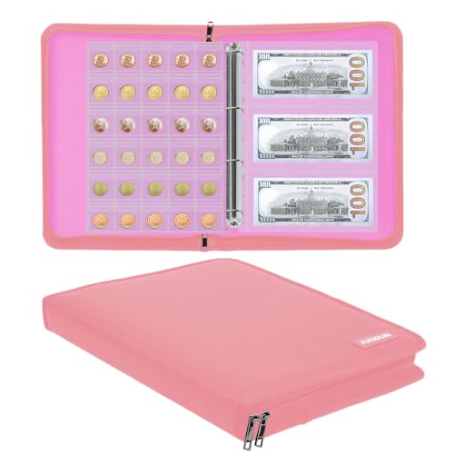 Münzsammelbuchhalter für Sammler, 300 Taschen feuerfestes Münzsammelalbum & 36 Hülsen Geldaufbewahrungsbehälter für Münz-Währungssammelzubehör, Geldscheine, Pennies, Briefmarken(Rosa) von JUNDUN