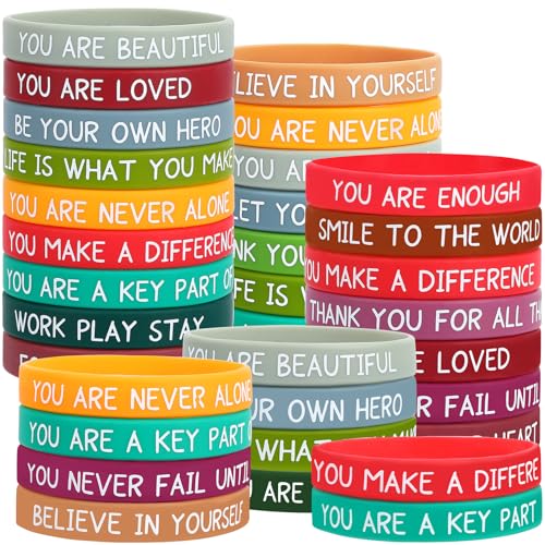 JUNEBRUSHS Motivierende Silikon-Armbänder, Großpackung, bunt, inspirierende Gummi-Armbänder, Unisex, für Studenten, Lehrer, Büro, Preise, Geschenke, Schulanfang, Partyzubehör, 64 Stück von JUNEBRUSHS