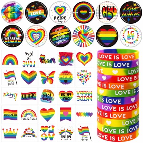 JUNEBRUSHS Pride Accessoires Set, 72 Stück LGBTQ Accessoires Pride Silikon Armbänder Pride Tattoo Pins Abzeichen für Pride Parades Festival Party von JUNEBRUSHS
