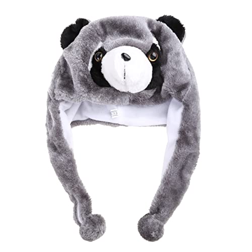 JUNNASALIKER Erwachsene Kinder Winter Süßer Waschbärtier Mit Pom Pom Enden Lustig Gefüllte Spielzeug Ohrklammerhut Cosplay Kostüm von JUNNASALIKER
