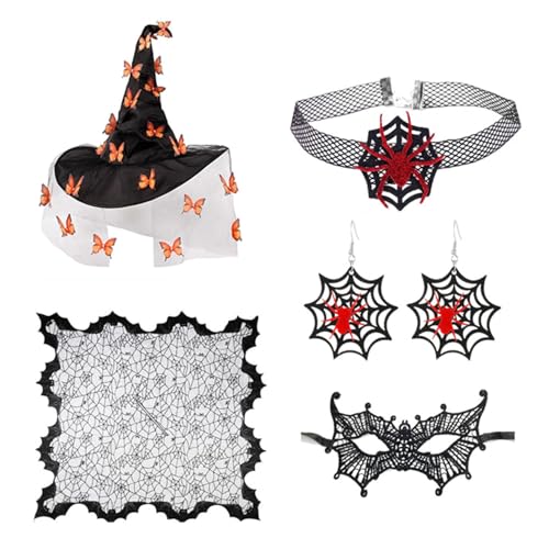 JUNNASALIKER Frauen Hexenkostüm Hexenhut Halskette Ohrringe Augenmaske Erwachsene Halloween Hexe Kostümzubehör Für Cosplay von JUNNASALIKER