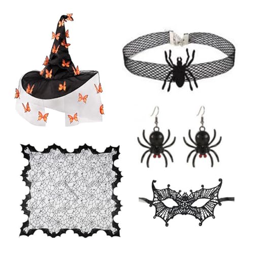 JUNNASALIKER Frauen Hexenkostüm Hexenhut Halskette Ohrringe Augenmaske Erwachsene Halloween Hexe Kostümzubehör Für Cosplay von JUNNASALIKER