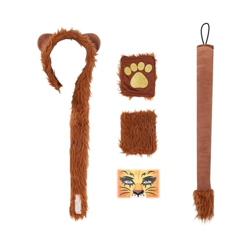 JUNNASALIKER Löwen Stirnband Plüsch Schwanz Löwen Pfoten Handschuhe Löwen Gesichtsaufkleber Schönes Löwen Kostüm Set Für Halloween Cosplay Party von JUNNASALIKER