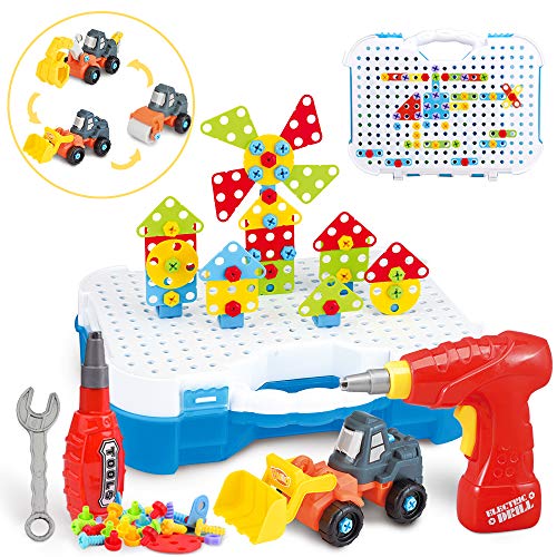 Mosaik Steckspiel für Kinder 3 4 5 Jahre, Montessori Mosaik Spielzeug mit Bohrmaschine,Konstruktion Spielzeug Demontierbares Baufahrzeug, 3D Puzzle Werkzeugkasten(325 Stücke) von JUNRUI