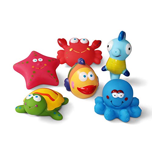 Baby badespielzeug(6PCS)Mit Kostenlos Badespielzeug Aufbewahrungstasche, Badetiere Badewanne Spielzeug Geschenkset für Kinder,badespielzeug für kleinkinder- Fisch,Seepferdchen,Schildkröte,Seestern von JAYSRIS