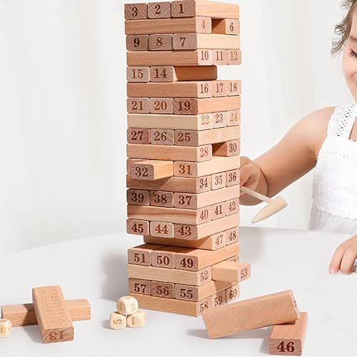 JUNSHUO 55pcs Holz Dump Block Stapel Spiel, Bildungswertige Bausteine, Holzturm Spiel Garten, Spiele Jumbo Toppling Blocks Spielzeug Für Kinder Erwachsene & Familie (Holzfarbe) von JUNSHUO
