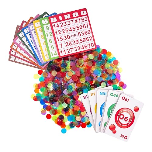 JUNWRROW Bingo Game Set-1000 bunte Chips mit einer Tasche, 100 Bingo-Karten und Jumbo-Deck für Calling Cards für Erwachsene, Senioren und Familie – Rufkarten-Set – ideal für große Gruppen, von JUNWRROW