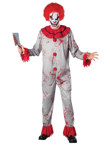 Halloween-Horror-Clown-Killer-Kostüm für Erwachsene, blutgebeizter Clown-Overall mit roter Haarmaske und Kunststoffmesser, Größe L von JUST FOR PARTY