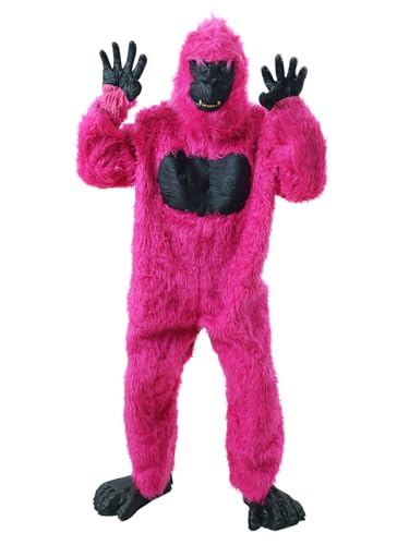 JUST FOR PARTY Deluxe-Gorilla-Kostüm für Erwachsene, Overall mit Pelzaffentasche, Overall mit Füßen, Handschuhen und Maske, Schwarzlicht, reagiert durch UV-Licht, Einheitsgröße (Rosa) von JUST FOR PARTY
