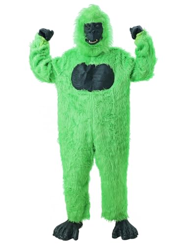 JUST FOR PARTY Deluxe-Gorilla-Kostüm für Erwachsene, Overall mit Pelzaffentasche, Overall mit Füßen, Handschuhen und Maske, Schwarzlicht, reagiert durch UV-Licht, Einheitsgröße (grün) von JUST FOR PARTY