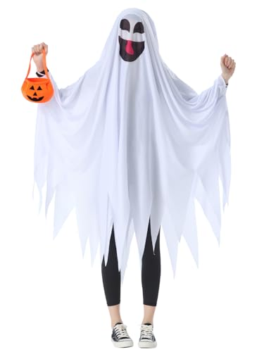 JUST FOR PARTY Geisterumhang für Erwachsene, weißer Geist-Umhang und orangefarbener Kürbiskorb, niedliches lustiges Cosplay-Kostüm, Outfits für Halloween, Verkleidungsparty, Einheitsgröße, passt den von JUST FOR PARTY