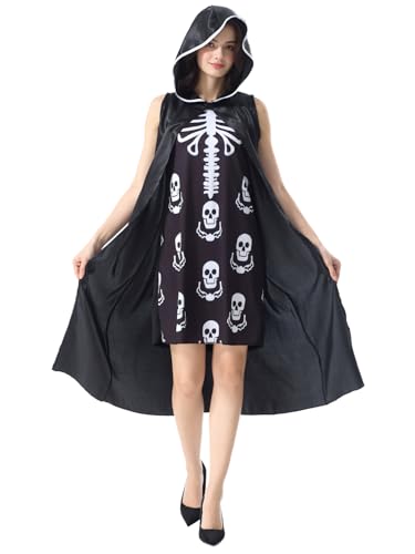 JUST FOR PARTY Halloween-Skelett-Kostüm für Erwachsene, schwarzer Kapuzenumhang und ärmelloses Skelett-Kleid für Damen, Cosplay-Party-Outfit von JUST FOR PARTY