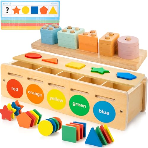 JUSTWOOD Montessori-Matching-Holzspielzeug für Vorschulkinder 3-6 Jahren, Form- und Farbsortierbox für Jungen und Mädchen, Stapelspielzeug aus Holz einschließlich geometrischer Blöcke und Mathezähler von JUSTWOOD